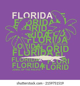 Florida typography with palm and alligator figure. t shirt graphics. vectors