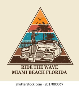 Florida typography for t-shirt print with surf,beach and retro car.Vintage poster.