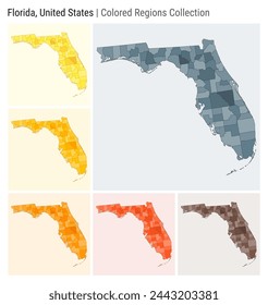 Florida, United States. Map collection. State shape. Colored counties. Blue Grey, Yellow, Amber, Orange, Deep Orange, Brown color palettes. Border of Florida with counties. Vector illustration.
