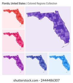 Florida, Estados Unidos. Colección de mapas. Forma Estado. Condados coloreados. Paletas de colores Deep Purple, Red, Pink, Purple, Indigo, Blue. Frontera de Florida con los condados. Ilustración vectorial.