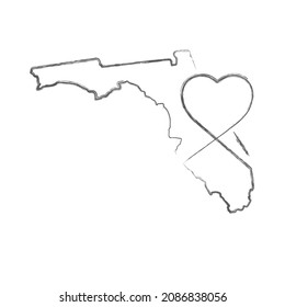 Florida US state hand drawn pencil sketch outline map with heart shape. Continuous line drawing of patriotic home sign. A love for a small homeland. T-shirt print idea. Vector illustration.