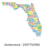 Florida, U.S. state, multi colored political map with borders, county names and its capital Tallahassee. Florida, a state in the Southeastern region of the United States, subdivided into 67 counties.