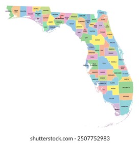 Florida, US-Bundesstaat, mehrfarbige politische Landkarte mit Grenzen, County-Namen und seine Hauptstadt Tallahassee. Florida, ein Bundesstaat im Südosten der Vereinigten Staaten, unterteilt in 67 Bezirke.