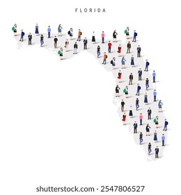 Florida US state population map. Large group of realistic a diverse crowd of people figures. Flat vector illustration isolated on white.