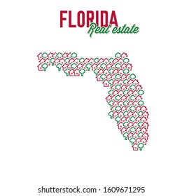 Florida US state realty creative concept. Icons of houses with gardens in the shape of a map of Florida. Vector illustration.