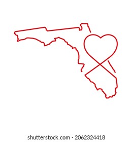 Florida US state red outline map with the handwritten heart shape. Continuous line drawing of patriotic home sign. A love for a small homeland. T-shirt print idea. Vector illustration.