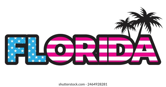 Florida USA america state flag vector text emblem magenta and cyan color with palmtree