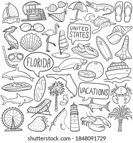 Florida USA doodle icon set. Vacations Vector illustration collection. Banner Hand drawn Line art style.