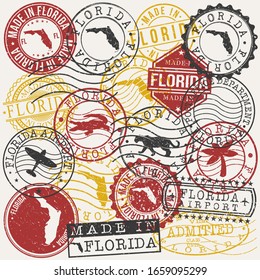 Florida, USA Set of Stamps. Travel Passport Stamps. Made In Product. Design Seals in Old Style Insignia. Icon Clip Art Vector Collection.