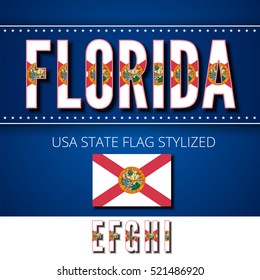 Florida USA state flag font. Alphabet characters stylized by state flag. Vector typeset part 2, letters e-i
