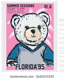 Florida Varsity College slogan design with Cool Cute Teddy Bear Cartoon ANIMAL vector illustration sport graphic emblem
