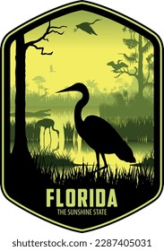 Florida vector label with Herons in swamp wetland