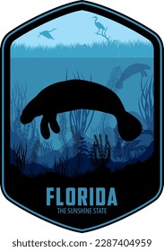 Florida vector label with Manatee and herons in swamp wetland sea coast svg