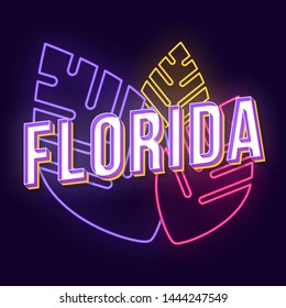 Florida vintage 3d vector lettering. Retro bold font, typeface. Pop art stylized text. Old school style neon light letters. 90s, 80s poster, banner. Dark violet leaves color background