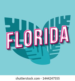 Florida vintage 3d vector lettering. Retro bold font, typeface. Pop art stylized text. Old school style letters. 90s, 80s poster, banner, t shirt typography design. Leaves turkish color background