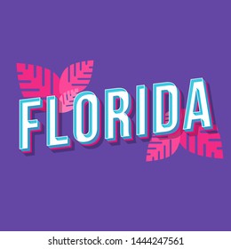 Florida vintage 3d vector lettering. Retro bold font, typeface. Pop art stylized text. Old school style letters. 90s, 80s poster, banner typography design. Pink leaves, amethyst color background