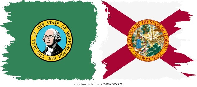 Florida and Washington states grunge brush flags connection, vector