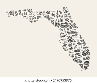 Florida Word Cloud. State with counties division. Florida typographic text clouds vector image design. Vintage gazette style state shape image. Classy vector illustration.