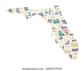 Florida Word Cloud. State shape with county division. Florida typography style image. County names tag clouds. Vector illustration.