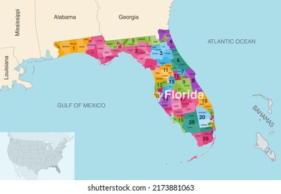 Florida's congressional districts (2017-2023) vector map with neighbouring states and terrotories