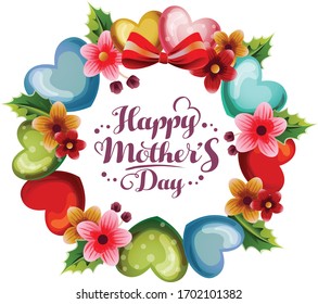 florish and love shape wreath mothers day card. happy mother's day border with colorful flower decoration frame. Flower border frames, round bloom and decorative floral square card. vector isolated
