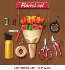 Florist accessories set with realistic bunch of flowers on wooden background vector illustration