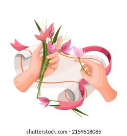 Florist arranges composition of pink flowers and ribbon isolated vector character. Floral shop arrangement cartoon style illustration