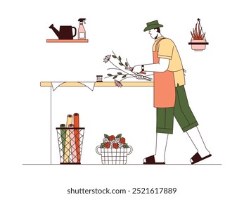 Florist arranges flowers to be made into a bouquet that has been ordered by a customer, tools and materials are available near the table, outline style, vector illustration.