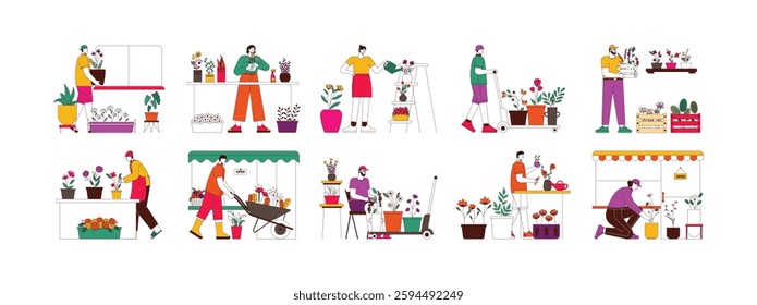 Florist arranges plants that have just arrived from the depositor, placed according to type, outline style, vector illustration.