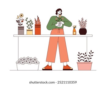 Florist arranges pots on table for neatness of place, outline style, vector illustration.