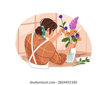 Florist is assembling bouquet. Woman creates blooming composition in vase. Worker collects flowers for posy. Girl works in floristry store. Flat isolated vector illustration on white background