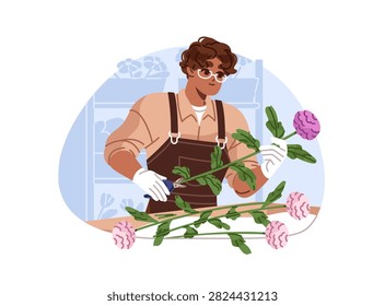 Florist is assembling bouquets of peonies or roses. Person creates floral gifts working in floristry store. Boy collects flowers into posies for customers. Flat isolated vector illustration on white