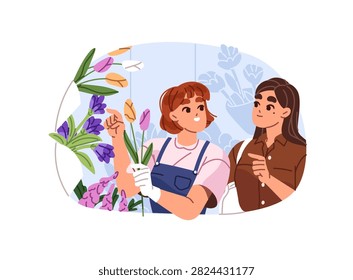 Florist is assembling posy for customer. Floristry store worker helps woman with creating floral bouquet. Happy girl sells flowers in shop. Flat isolated vector illustration on white background
