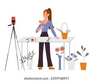 Florist blogger recording new video. Garden and botanicals podcast influencer cartoon vector illustration