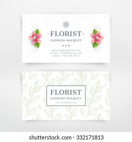 Florist business card design. With flower and branch with leaves background. Vector template