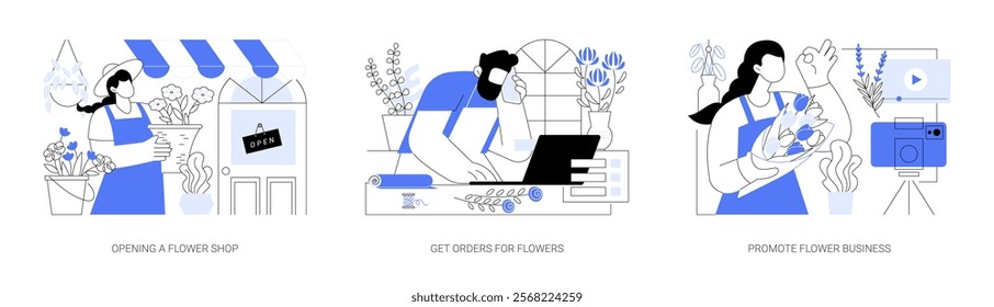 Florist business isolated cartoon vector illustrations set. Opening a flower arranging shop, small business owner receives new order by phone, promote on social media, bouquet design vector cartoon.