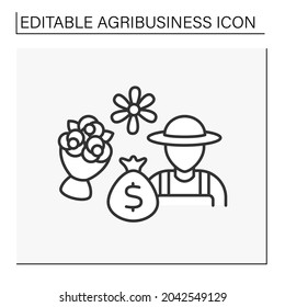 Icono de línea de negocio florista. Producción, comercio, comercio de flores. Creación de ramos y composiciones florales con fines comerciales. Concepto agroindustrial. Ilustración vectorial aislada. Trazo editable