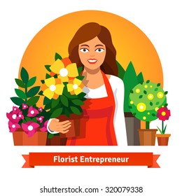 Florist business owner holding a pot of flowers in her shop. Flat style vector illustration isolated on white background.