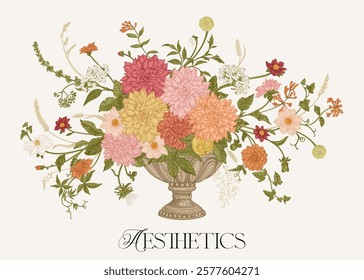 Florist card with a flowerpot. Arrangement of flowers, berries and herbs. Vector botanical illustration. Garden aesthetics. Warm autumn colors.