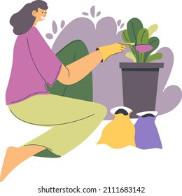 Floristería cuidando plantas en ollas, mujeres aisladas cultivando y plantando flores y botánica. Agricultura y cultivo de suelo para el follaje. Hobby de carácter femenino en guantes, vector en estilo plano