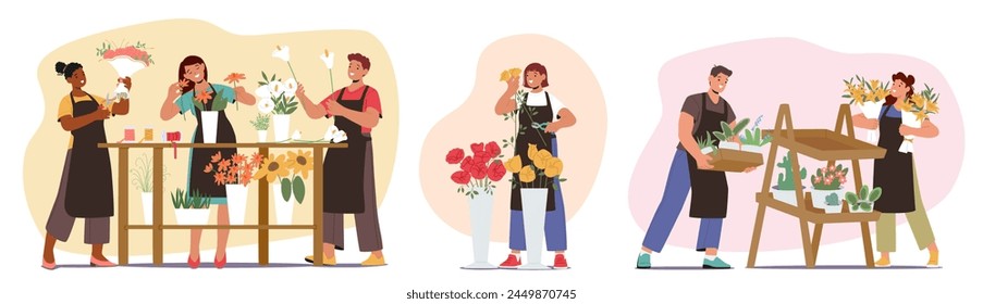 Florist Character Arrange And Sell Flowers, Creating Beautiful Bouquets, Arrangements, And Decorations For Various Occasions Such As Weddings, Dating And Events. Cartoon People Vector Illustration