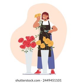 Diseña, Arregla Y Vende Flores Y Plantas Para Diversas Ocasiones, Como Bodas Y Celebraciones, Asegurando El Atractivo Estético Y La Frescura. Ilustración vectorial de Personas de dibujos animados