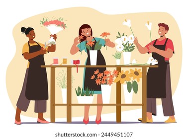 Florist Characters Create And Arrange Floral Designs, Bouquets, And Decorations Using Various Flowers, Foliage, And Accessories To Meet Their Clients Needs And Preferences. Cartoon Vector Illustration