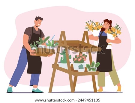 Florist Characters Create And Arrange Floral Designs For Various Occasions And Celebrations, Selecting And Arranging Flowers To Create Visually Appealing Displays. Cartoon People Vector Illustration