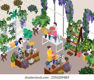 Composición isométrica florística de eventos de ciudad florida con visión interior de floristería con ilustraciones vectoriales de mujeres trabajadoras