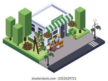 Florist city event flower decoration isometric composition with isolated view of flower shop building with showcase vector illustration