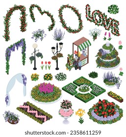 Florist city event flower decoration isometric set of isolated icons with garden beds arches lamp posts vector illustration