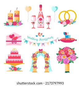 Florist composition and accessories for wedding ceremony. Isolated decorative flags and glasses, engagement rings and candles with flowers. Bouquet and cake. arch. Vector in flat illustration