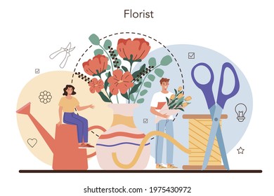 Florist concept. Floral designer making bouquet for customer. Creative occupation in flower shop. Floristic business. Flat vector illustration