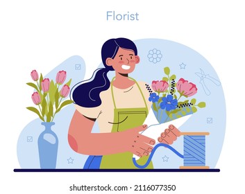 Florist concept. Floral designer making or arranging bouquet for customer. Creative occupation in flower shop. Floristic business. Flat vector illustration